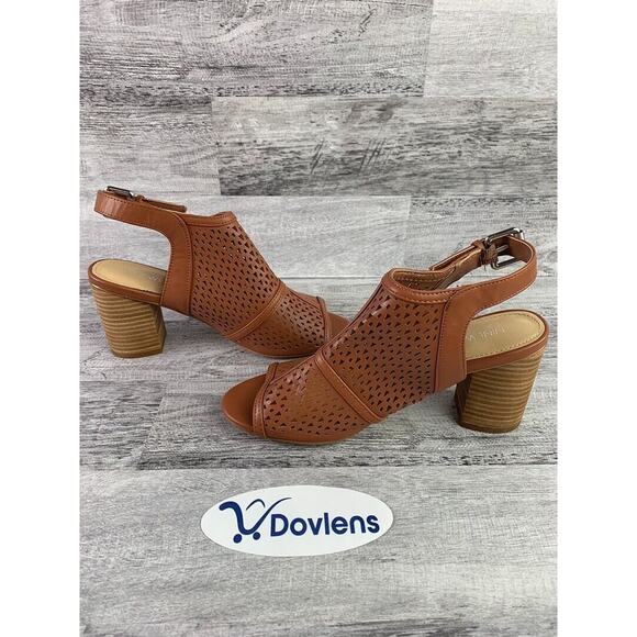 Nine West Womens Peep Toe Slingback Sandals Size 7.5M Brown Laser Cut Block Heel - Picture 3 of 5